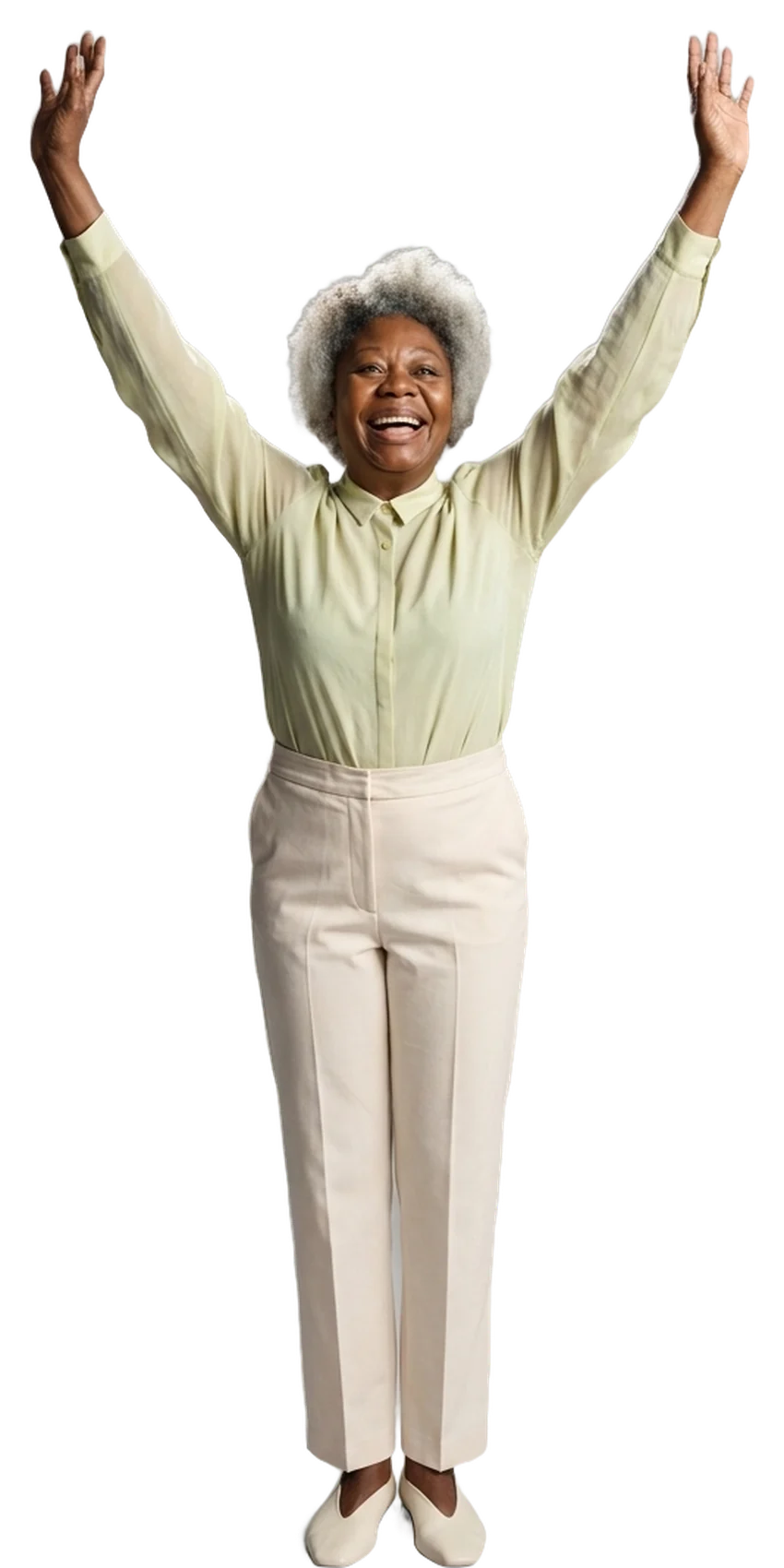 A smiling woman with a silver afro stretching joyfully